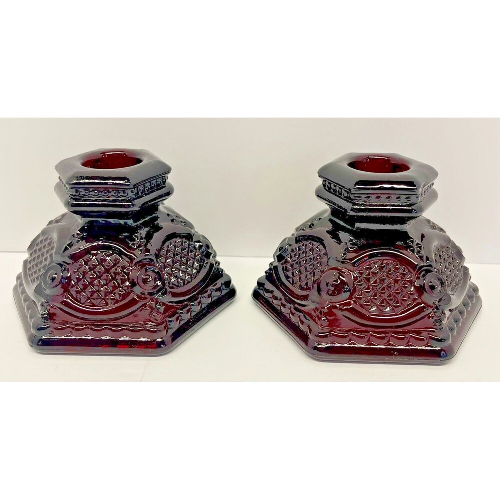 Vintage Avon 1876 Cape Cod Ruby Red Candlestick Pair-Colonial Revival - EXCL